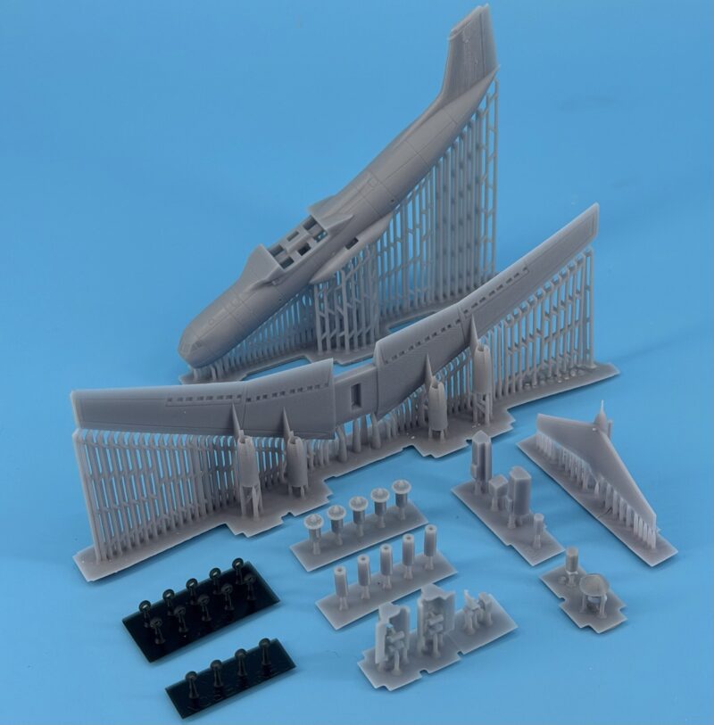 Detailed aircraft model parts for assembly and display, perfect for scale model enthusiasts and coll.